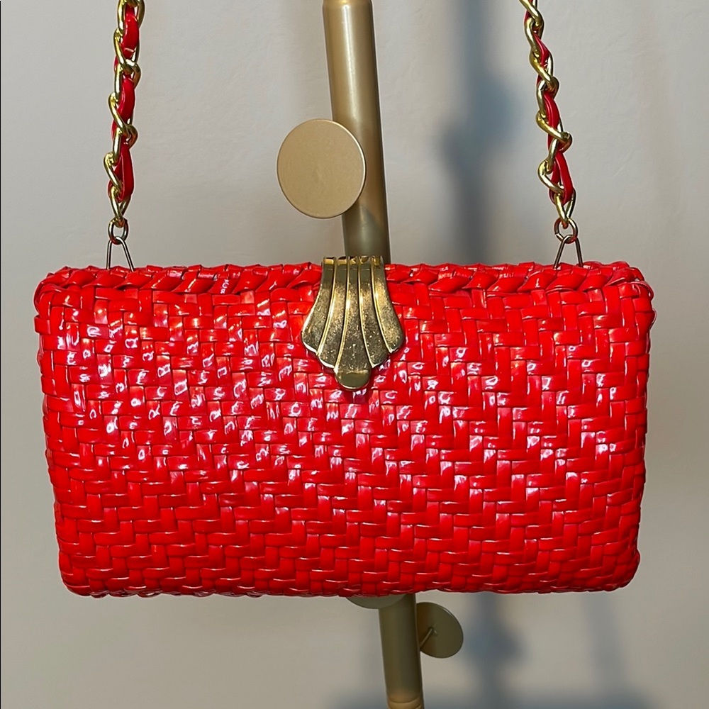 Vintage 1960's Red Woven Wicker Basket Purse Box Barrel Shape Gold Chain Metal